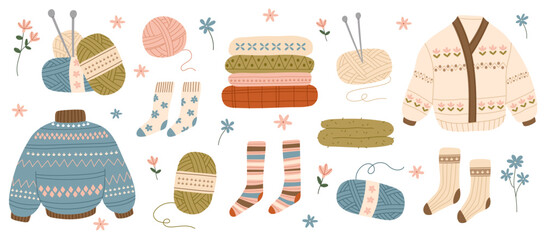 Cozy knitted elements. Set of cute sweater, socks and yarn balls. Fall clothes kit. Vector flat illustration.