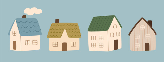 Cute tiny houses. Hand drawn small town houses. Cozy scandi cottage. Vector flat illustration.