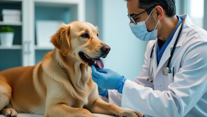 A scientist in a white lab coat is gently petting a dog, showing a moment of kindness and compassion