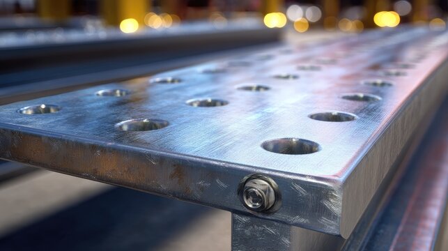 Close-Up View of Industrial Metal Plate with Holes and Bolt Fastening in Soft Focus Background - Powered by Adobe