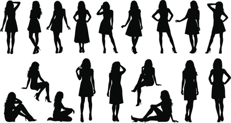 Collection of black female silhouettes in various poses and dresses woman girl