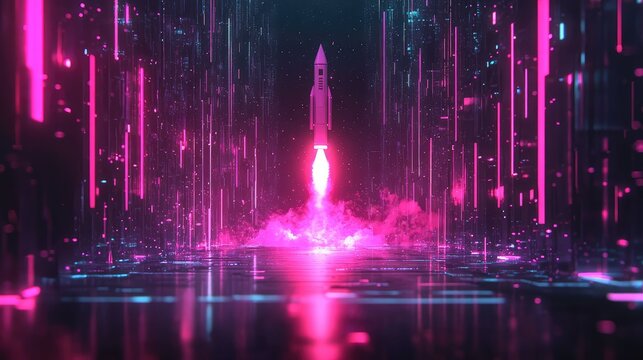 Rocket launching in futuristic digital data space