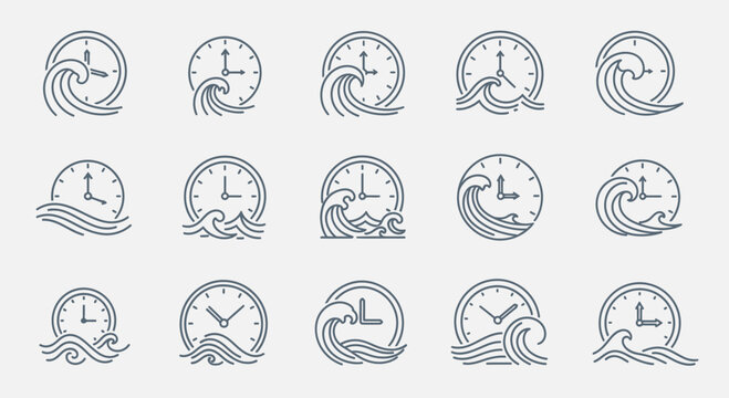 Timeless tide collection showing clocks intertwined with ocean waves, great for deadlines, projects, schedules and time management concepts, scalable design