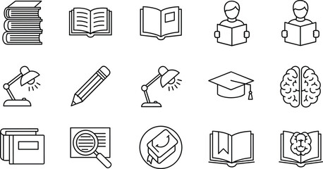Collection of black outline icons representing education and learning concepts book