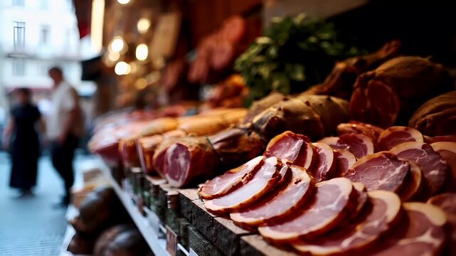 Prague, Czech Republic, Europe. A closeup shot of a market stall showcasing a variety of cured meats. The main subject is the assortment of meats, each with its own unique texture and color.