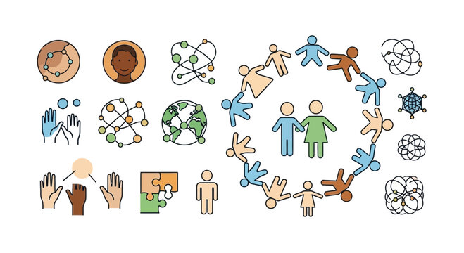Diversity and Inclusion Concepts with Interconnected Icons of People, Globe, and Hands, Conveying Teamwork, Global Connection, and Community in a Modern Style