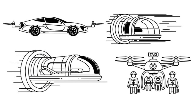 Futuristic transport concepts, showcasing flying car, drone taxi, and hyperloop train for innovative urban mobility and future city design, originally a scalable vector graphic