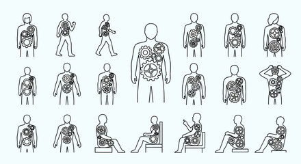 Explore human anatomy with intricate gear illustrations, showcasing body mechanics and inner workings, ideal for educational materials and medical visualizations