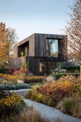 Modern house with large windows surrounded by colorful autumn garden  