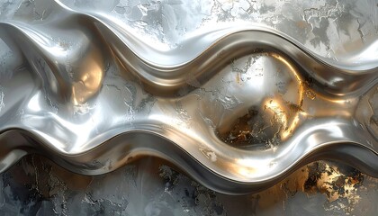 An abstract composition, featuring rippling metallic surfaces with hints of gold, contrasted against a textured background