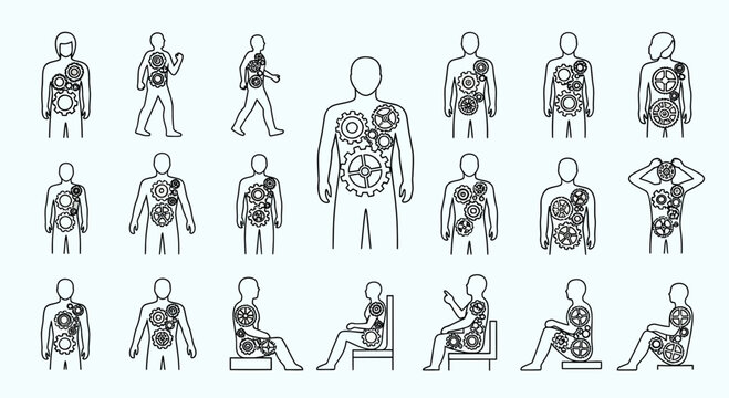 Explore human anatomy with intricate gear illustrations, showcasing body mechanics and inner workings, ideal for educational materials and medical visualizations