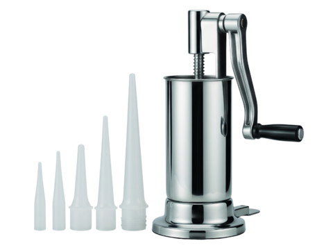 Manual stainless steel sausage maker with multiple nozzles on a transparent background