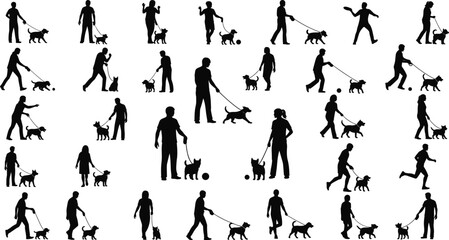 Collection of black silhouettes of people walking dogs on leashes vector