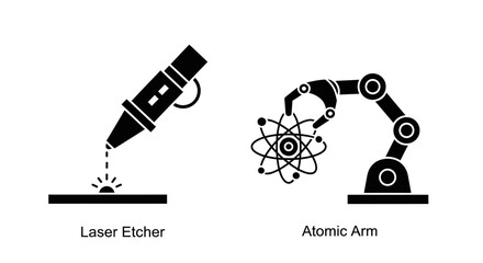 Precision laser etching tool and robotic arm grasping atomic model symbolizing advanced manufacturing and scientific innovation