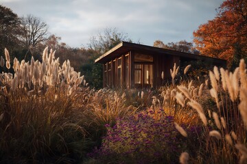 Wooden house surrounded by tall grass and autumn foliage , new wave landscape design style