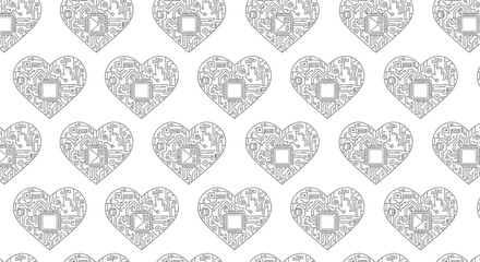 Seamless pattern of stylized hearts with integrated circuit board designs symbolizing technological love and innovation in a modern, sleek aesthetic perfect for digital themes.