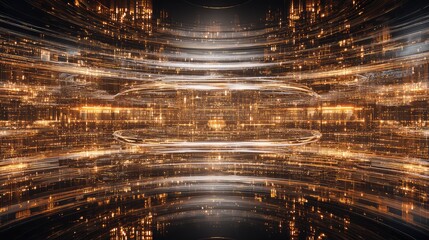 Digital data network moving through futuristic city background