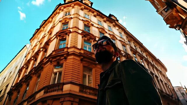 Prague, Czech Republic, Europe. A man in sunglasses and a leather jacket is captured in a candid moment amidst a cityscape during sunset. The sun casts a warm, golden hue over the scene.