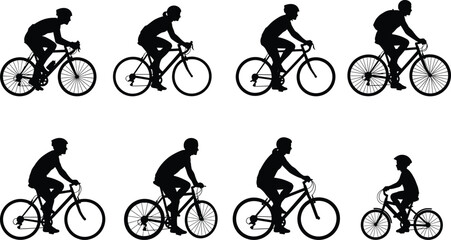 Multiple black silhouettes of people riding bicycles on a white background cycling