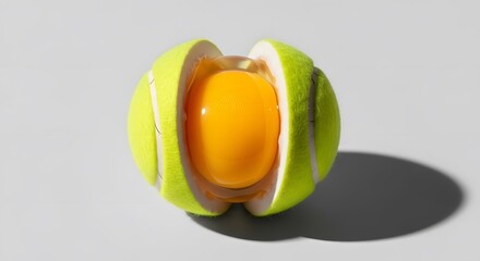 Abstract concept of tennis ball dissected revealing egg yolk inside  