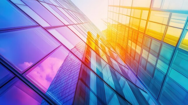 Modern glass building reflecting colorful abstract urban architecture