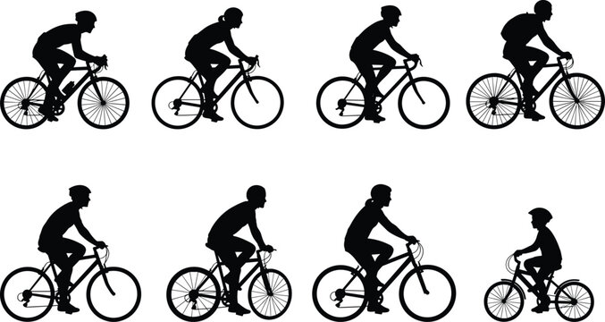 Multiple black silhouettes of people riding bicycles on a white background cycling