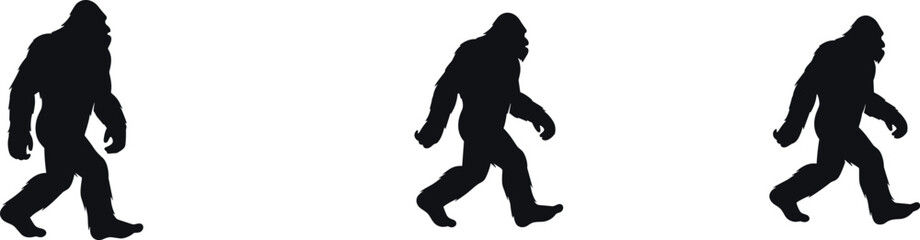 Three black silhouette figures of Bigfoot walking from left to right Sasquatch creature