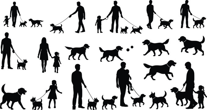 Silhouettes of people walking dogs and children with dogs vector
