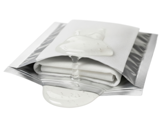 Opened a single-use wet wipe sachet with clear gel texture on a transparent background