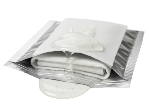 Opened a single-use wet wipe sachet with clear gel texture on a transparent background - Powered by Adobe