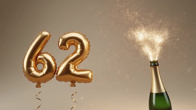 Balloon shaped as number 62, next to popping champagne bottle. Neutral colors for birthday or anniversary