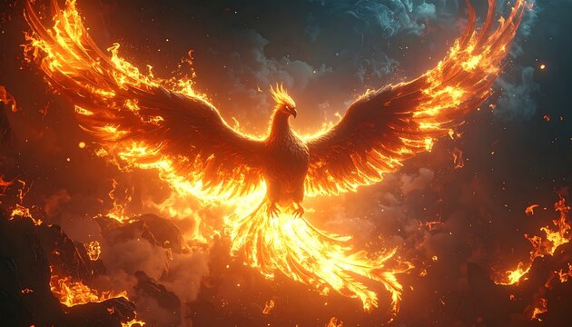 A blazing phoenix rises amidst fiery clouds and a dramatic sky