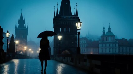 Prague, Czech Republic, Europe. A silhouette of a person walking on a cobblestone street with an umbrella, against a backdrop of a cityscape during twilight.