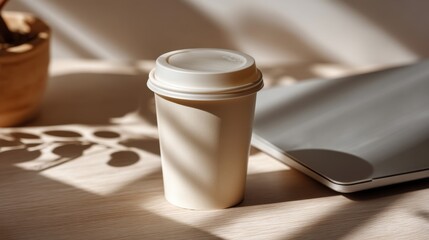 Obraz premium Close-up shot of paper coffee cup with laptop slightly blurred in the background, clean minimal workspace aesthetic and warm tones