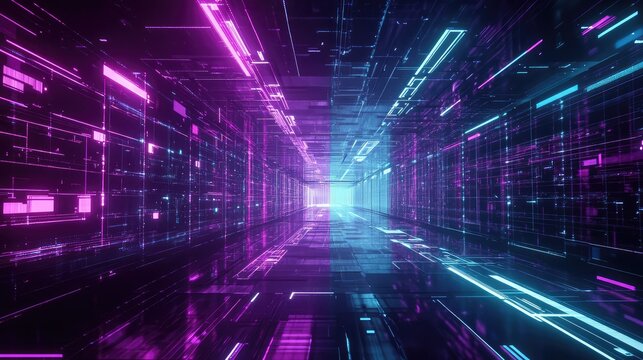 Digital data streaming in futuristic neon cyberspace tunnel