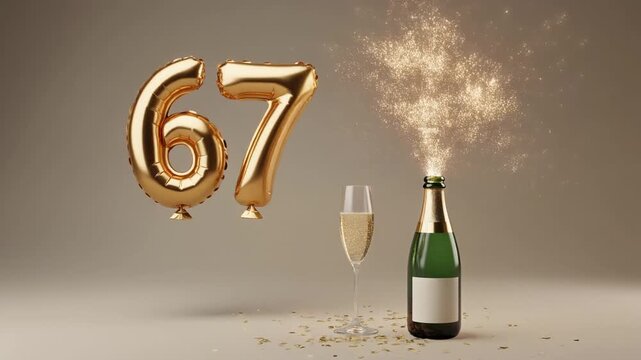 Balloon shaped as number 67, next to popping champagne bottle. Neutral colors for birthday or anniversary