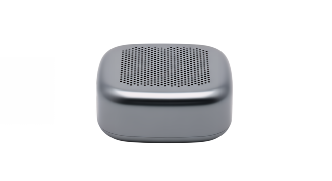 Modern graphite-colored smart home hub or wireless speaker, a compact electronic gadget with a top vent isolated on transparent background