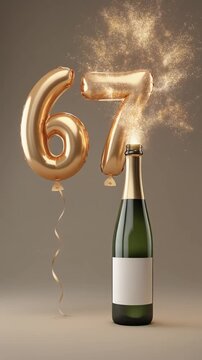 Balloon shaped as number 67, next to popping champagne bottle. Neutral colors for birthday or anniversary