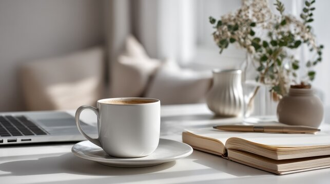 Laptop on a sleek office desk with a paper coffee cup and open notebook beside it, productivity and modern business lifestyle vibe