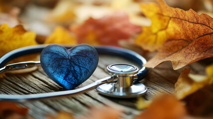 Show your love for medicine with this beautiful heart shaped stone and stethoscope on wood table with fall leaves