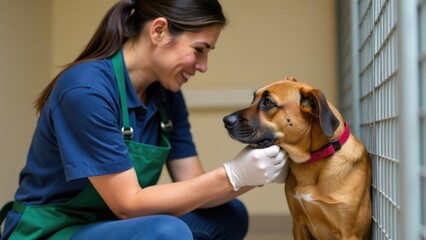 A woman kneels down to pet a brown dog, capturing a heartwarming moment of human-animal connection