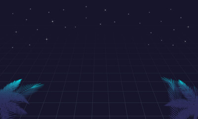 Retro Futuristic background with night sky, grid and tropical leaves. Vector illustration