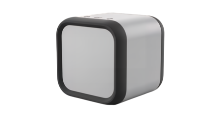 Sleek compact electronic device, modern design with silver and white finish, rounded corners, ideal for smart home or office use, isolated on transparent background for versatile applications