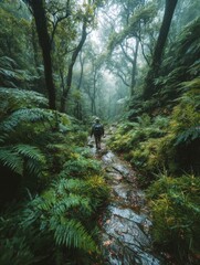 Fototapeta premium Hiker walking through misty fern forest trail