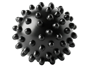 Black spiky massage ball for deep tissue and muscle therapy on a transparent background