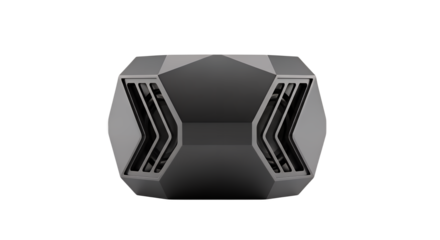 A futuristic, angular, dark gray electronic device with vents on its sides, isolated on a white background.
