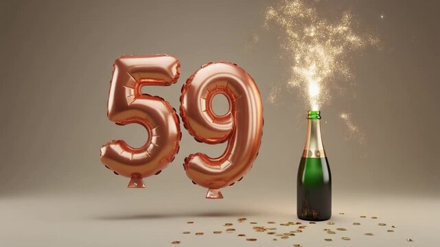 Balloon shaped as number 59, next to popping champagne bottle. Neutral colors for birthday or anniversary