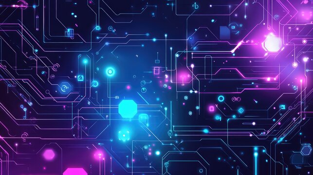 Futuristic circuit board with glowing data lines moving