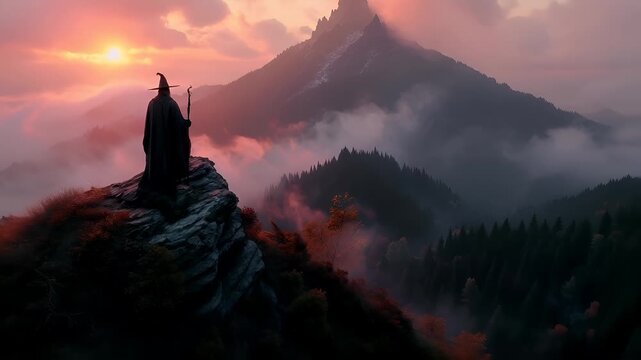 A vivid portrayal of a wizard standing atop a rocky outcrop, overlooking a misty mountain range. The sky is painted in hues of pink, orange, and purple, suggesting either a sunrise or sunset.