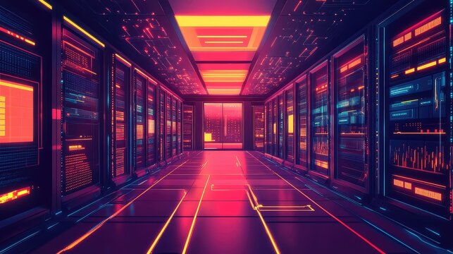 Cyberpunk data center server room computing infrastructure